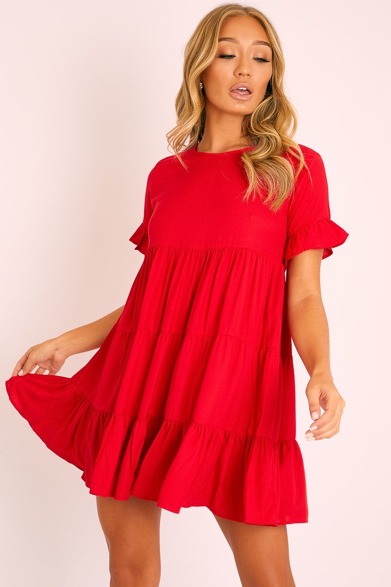 Red Smock Tiered Frill Sleeve Mini Dress - Olah-Dresses