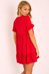 Red Smock Tiered Frill Sleeve Mini Dress - Olah-Dresses