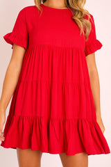 Red Smock Tiered Frill Sleeve Mini Dress - Olah-Dresses