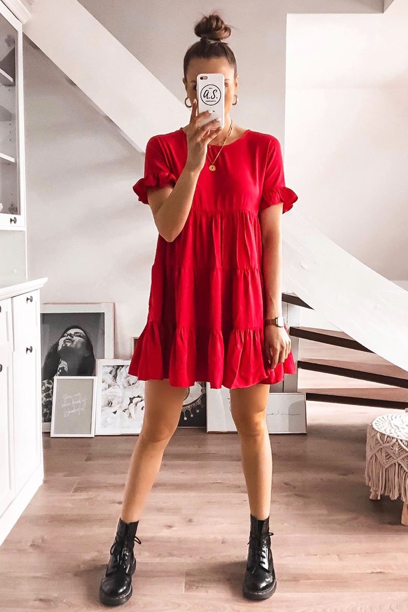 Red Smock Tiered Frill Sleeve Mini Dress - Olah-Dresses