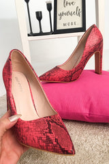 Red Snake Print Pointed Toe Heels - Becky-Heels