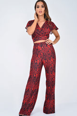 Red Snake Print Tie Back Crop Top And Wide Leg Trouser Co-ord - Georgine-Co-ords
