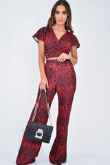Red Snake Print Tie Back Crop Top And Wide Leg Trouser Co-ord - Georgine-Co-ords