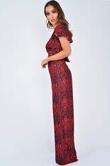 Red Snake Print Tie Back Crop Top And Wide Leg Trouser Co-ord - Georgine-Co-ords