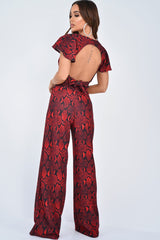 Red Snake Print Tie Back Crop Top And Wide Leg Trouser Co-ord - Georgine-Co-ords