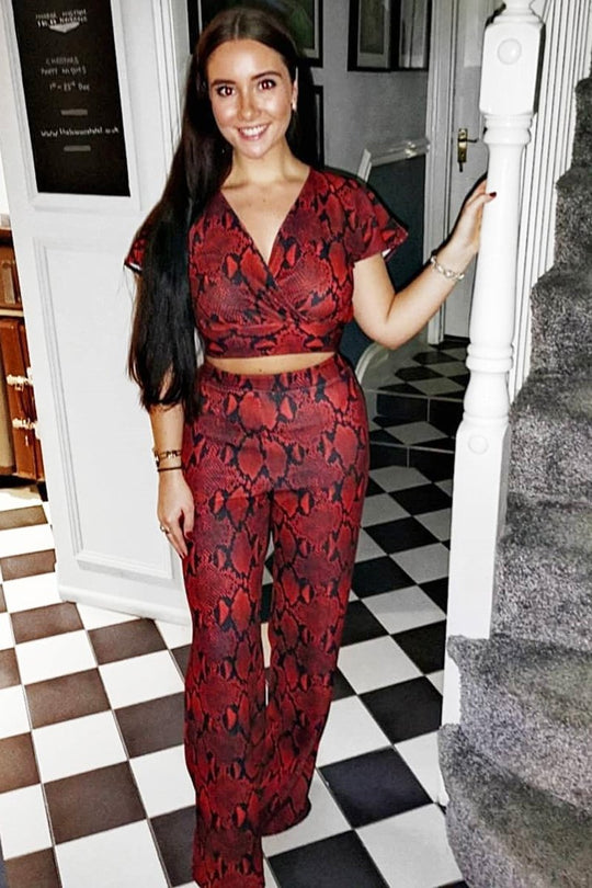 Red Snake Print Tie Back Crop Top And Wide Leg Trouser Co-ord - Georgine