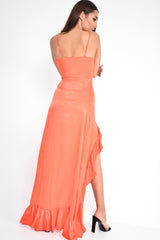 Red Split Front Ruffle Hem Maxi Dress - Kaela-Dresses