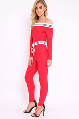 Red Sports Trim Bardot Jumpsuit - Millie-Jumpsuits
