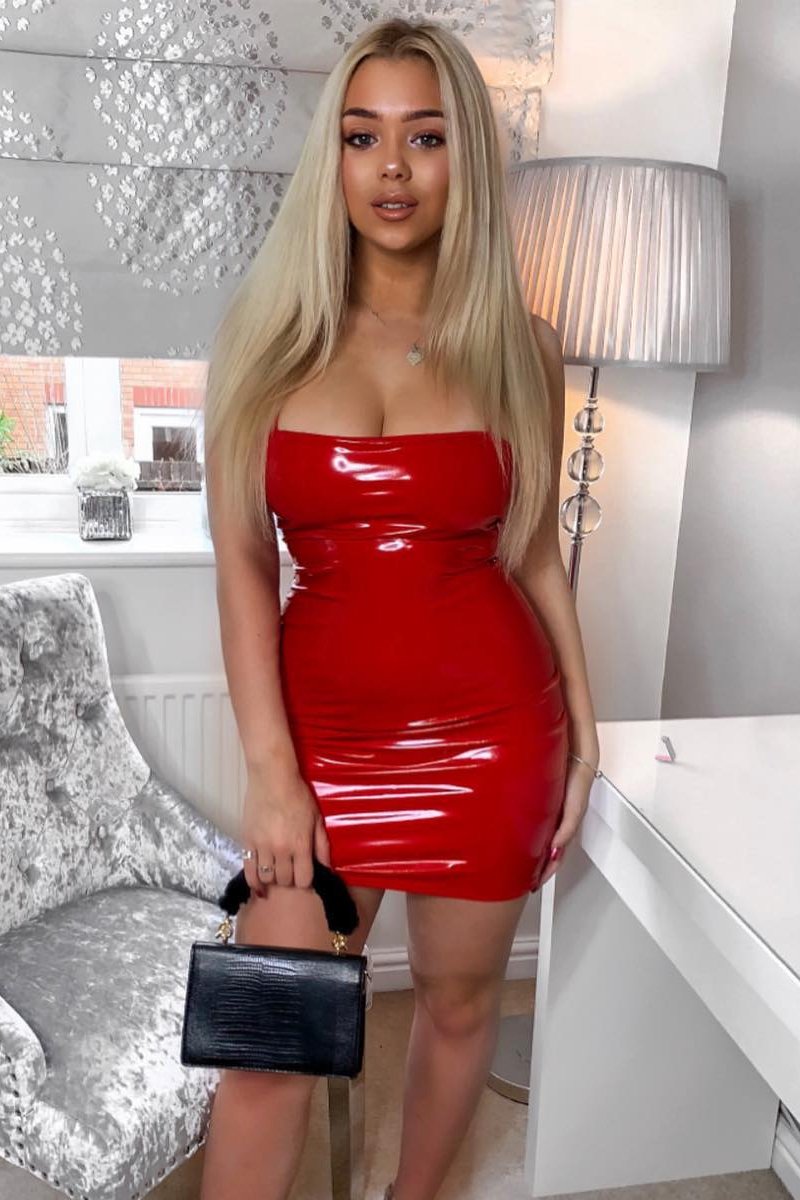 Red Straight Neck Vinyl Bodycon Dress - Keydi-Dresses
