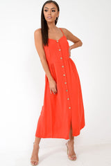 Red Strappy Button Down Midi Dress - Shaelee-Dresses