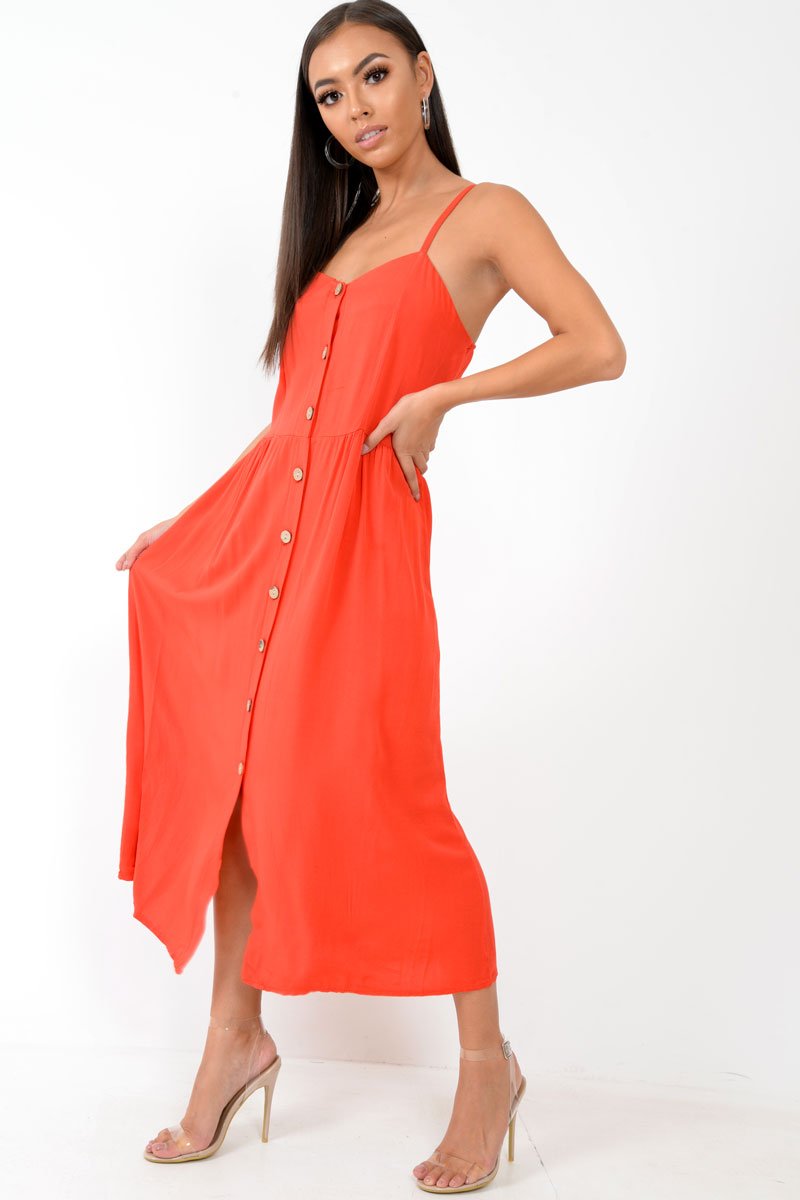 Red Strappy Button Down Midi Dress - Shaelee-Dresses
