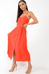 Red Strappy Button Down Midi Dress - Shaelee-Dresses