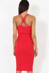 Red Strappy Ribbed Mesh Insert Midi Dress - Isabelle-Dresses