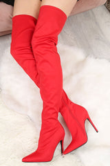 Red Stretch Thigh High Boots - Lariya-Boots