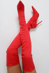 Red Stretch Thigh High Boots - Mialynn-Boots