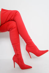 Red Stretch Thigh High Boots - Mialynn-Boots