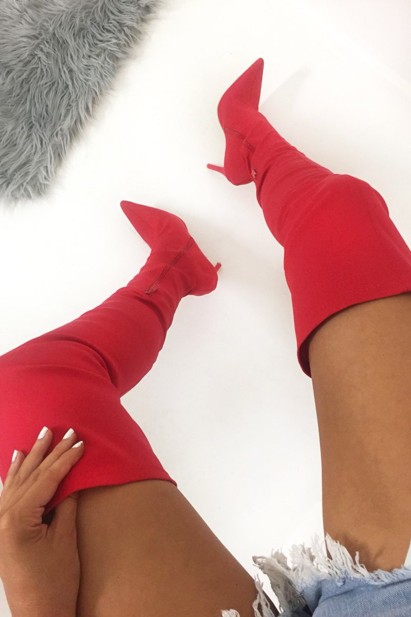 Red Stretch Thigh High Boots - Mialynn-Boots