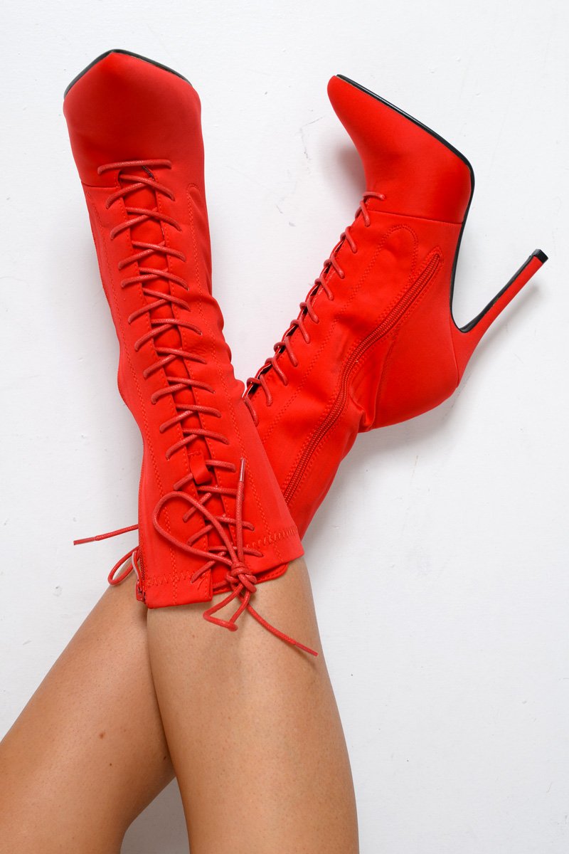 Red Stretchy Lace Up Heeled Ankle Boots - Aayla-Boots