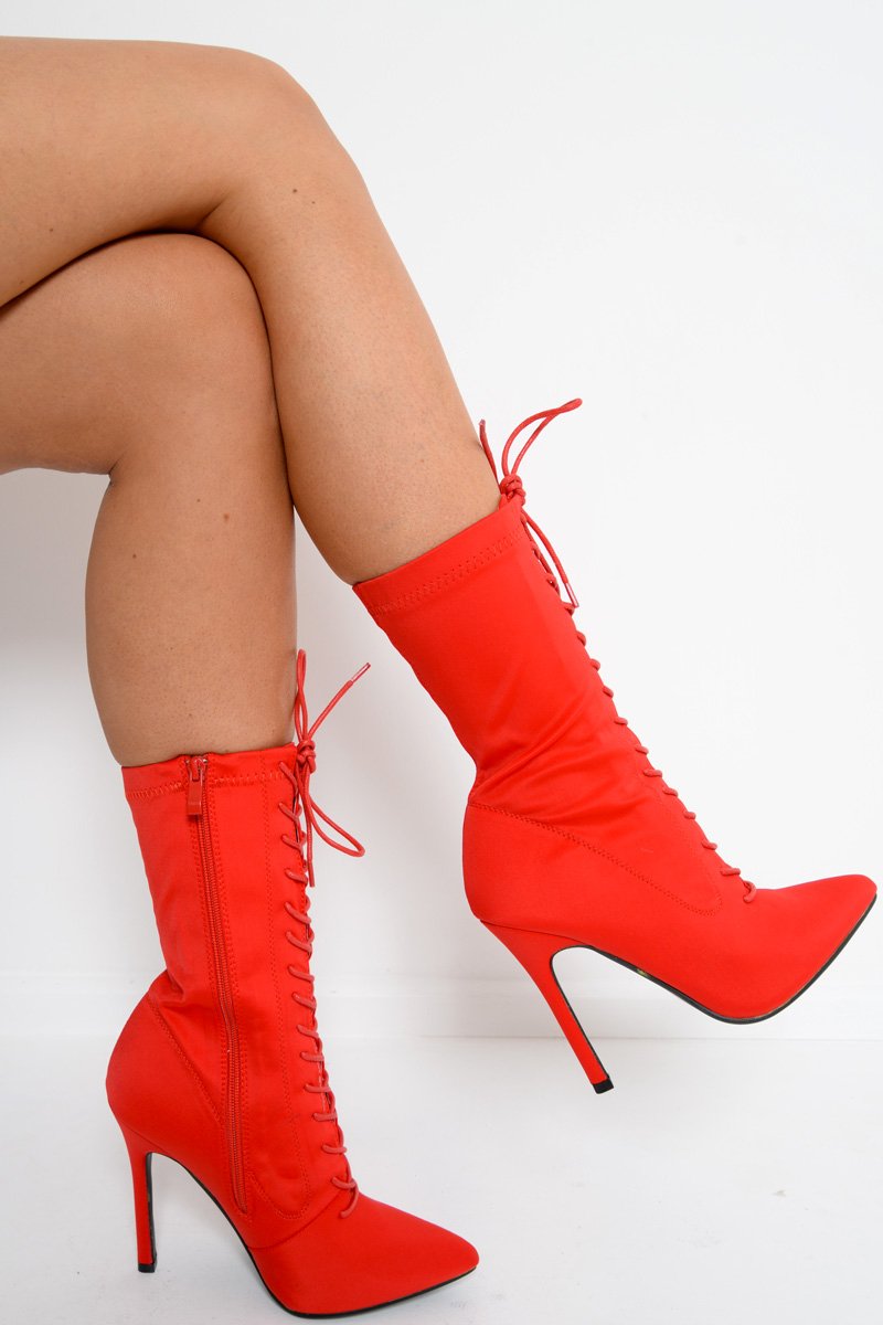 Red Stretchy Lace Up Heeled Ankle Boots - Aayla-Boots