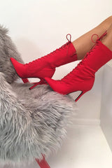 Red Stretchy Lace Up Heeled Ankle Boots - Aayla-Boots