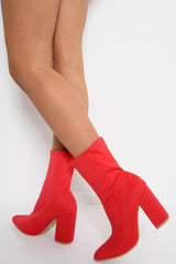 Red Stretchy Pointed Toe Block Heeled Boots - Meah-Boots