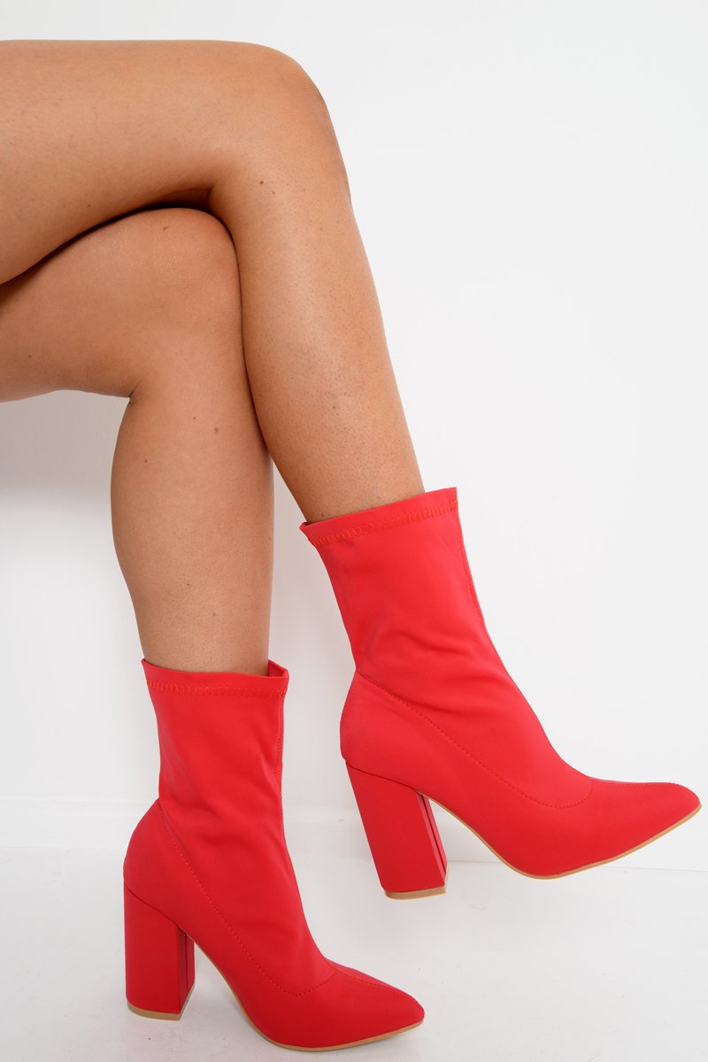 Red Stretchy Pointed Toe Block Heeled Boots - Meah-Boots