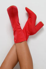 Red Stretchy Pointed Toe Block Heeled Boots - Meah-Boots