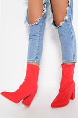 Red Stretchy Pointed Toe Block Heeled Boots - Meah-Boots