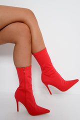 Red Stretchy Pointed Toe Heeled Boots - Melah-Boots