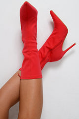 Red Stretchy Pointed Toe Heeled Boots - Melah-Boots