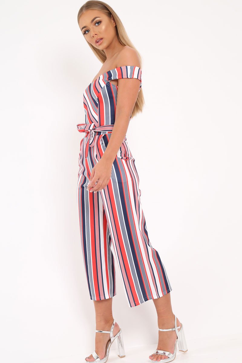 Red Stripe Bardot Culotte Jumpsuit - Annarae-Jumpsuits