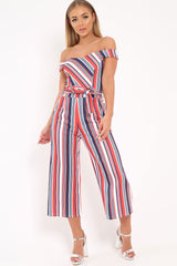 Red Stripe Bardot Culotte Jumpsuit - Annarae-Jumpsuits