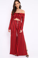 Red Stripe Bardot Ruffle Top and Trouser Set - Inas-Co-ords
