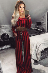 Red Stripe Bardot Ruffle Top and Trouser Set - Inas-Co-ords