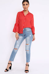 Red Stripe Bell Sleeved Shirt - Aairah-Tops