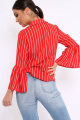 Red Stripe Bell Sleeved Shirt - Aairah-Tops
