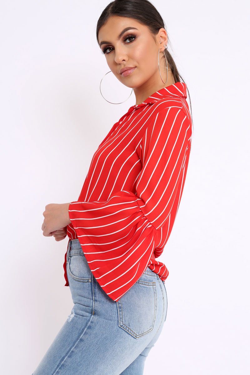 Red Stripe Bell Sleeved Shirt - Aairah-Tops