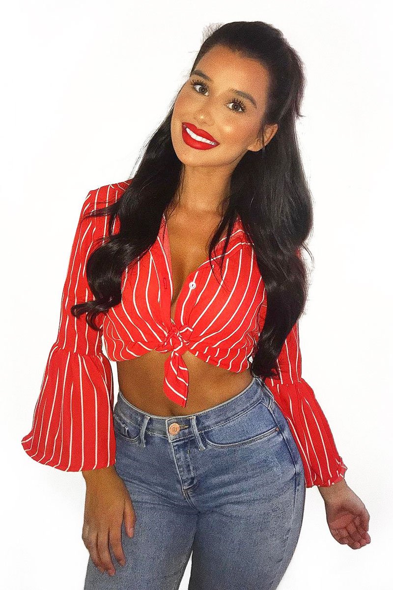 Red Stripe Bell Sleeved Shirt - Aairah-Tops