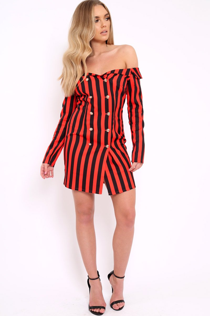 Red Stripe Button Detail Dress - Aaliyana-Dresses