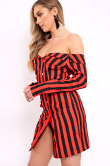Red Stripe Button Detail Dress - Aaliyana-Dresses