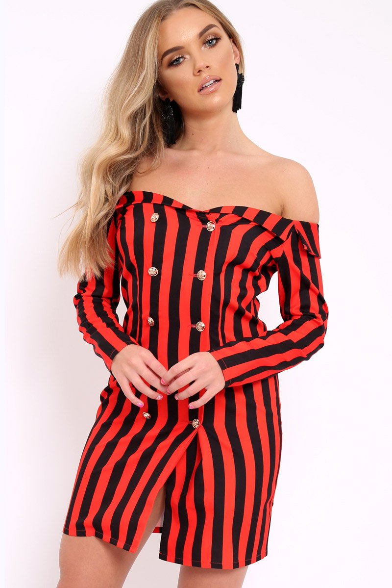 Red Stripe Button Detail Dress - Aaliyana-Dresses
