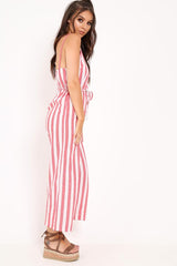 Red Stripe Button Up Jumpsuit - Zayda-Jumpsuits