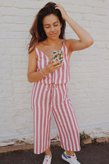 Red Stripe Button Up Jumpsuit - Zayda-Jumpsuits