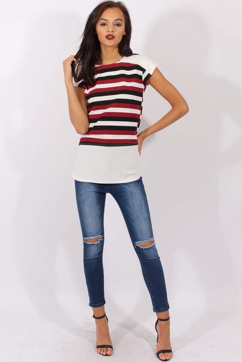 Red Stripe Cap Sleeve Tee - Hillary-T-shirt