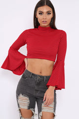 Red Stripe Flare Sleeve Crop Top - Heela-Crop Tops