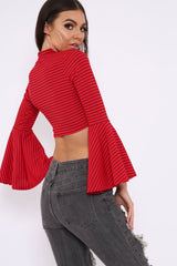 Red Stripe Flare Sleeve Crop Top - Heela-Crop Tops