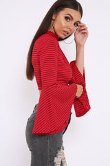 Red Stripe Flare Sleeve Crop Top - Heela-Crop Tops