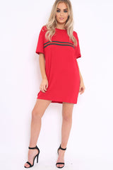 Red Stripe Front T Shirt Dress - Kamden-Dresses