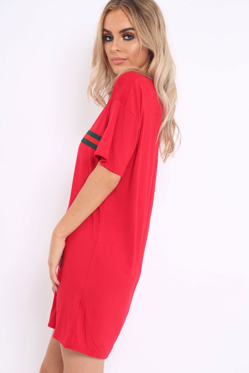 Red Stripe Front T Shirt Dress - Kamden-Dresses