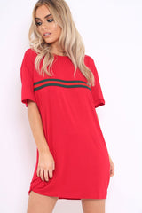 Red Stripe Front T Shirt Dress - Kamden-Dresses